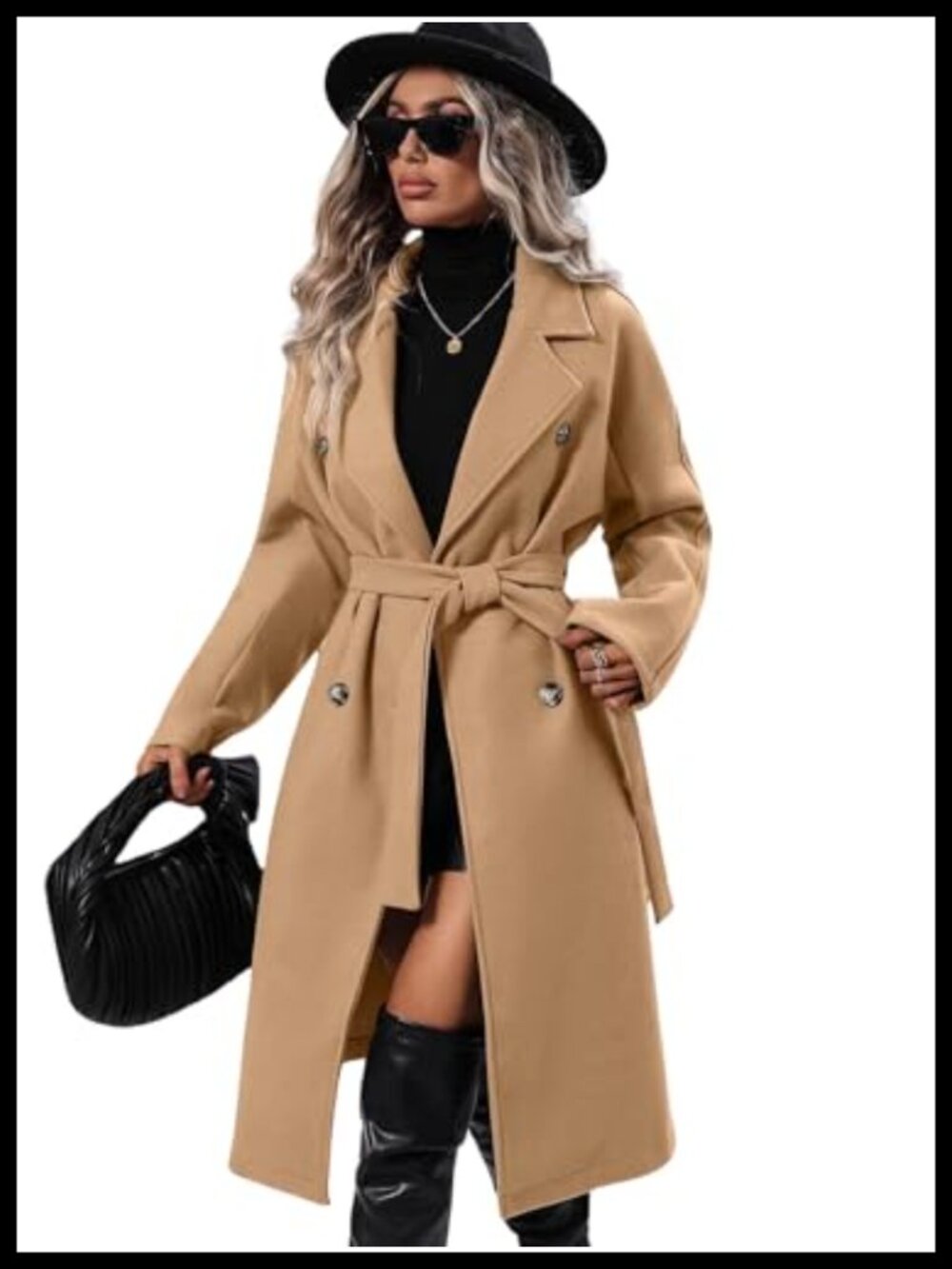 Wool Blend Long Pea Coat Notched Lapel Double Breasted Trench Coat Belted